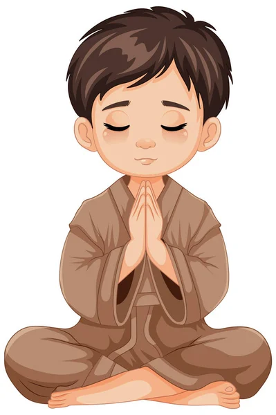 Cartone Animato Illustrazione Giovane Ragazzo Seduto Pregare Meditazione — Vettoriale Stock