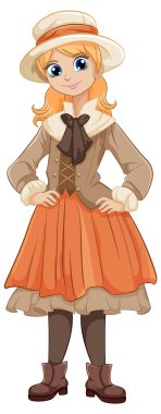 Melon şapka ve klasik kıyafet giyen bir kadının karikatür çizimi.