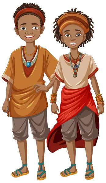 stock vector A cartoon illustration of a man and woman wearing African traditional native clothes