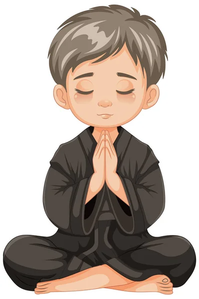 Cartone Animato Illustrazione Giovane Ragazzo Seduto Pregare Meditazione — Vettoriale Stock