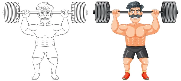 Karikatur Eines Muskulösen Mannes Mit Schnurrbart Der Gewichte Stemmt — Stockvektor