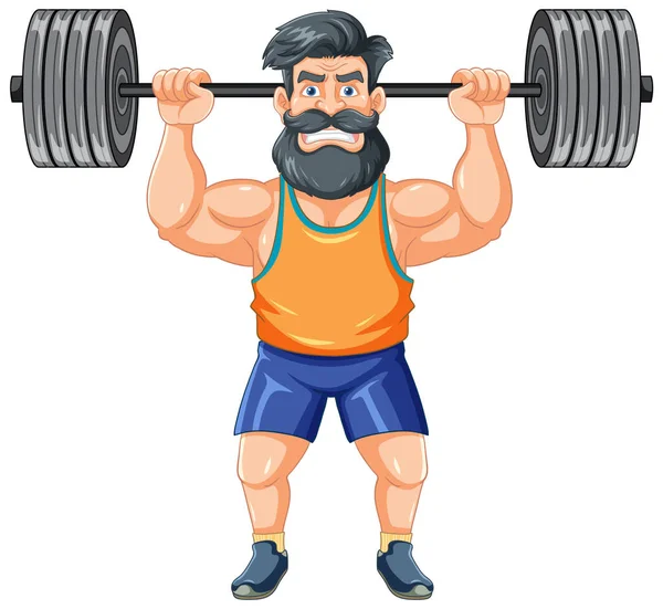 一个长着胡子和胡子的肌肉发达的嬉皮士男人举重的漫画 — 图库矢量图片