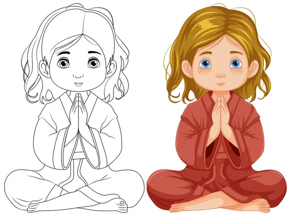 Vector Cartoon Illustration Girl Sitting Praying Meditation — Stock Vector