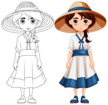 Geleneksel Asya elbisesi giyen, vektör illüstrasyon tarzında özetlenmiş bir karikatür kadın.