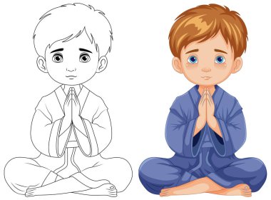 Meditasyonda oturup dua eden bir çocuğun karikatür çizimi.