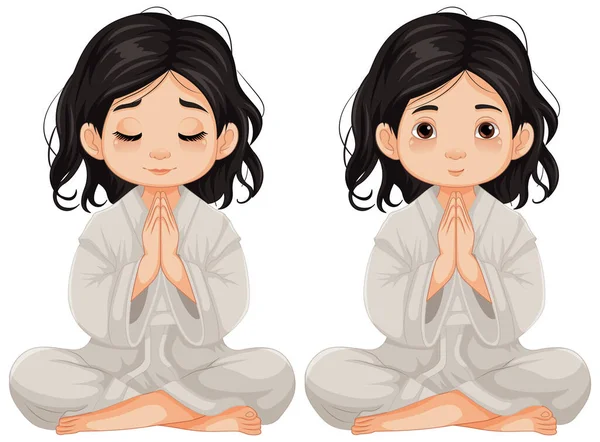 Cartone Animato Vettoriale Illustrazione Una Ragazza Seduta Meditando Con Gli — Vettoriale Stock