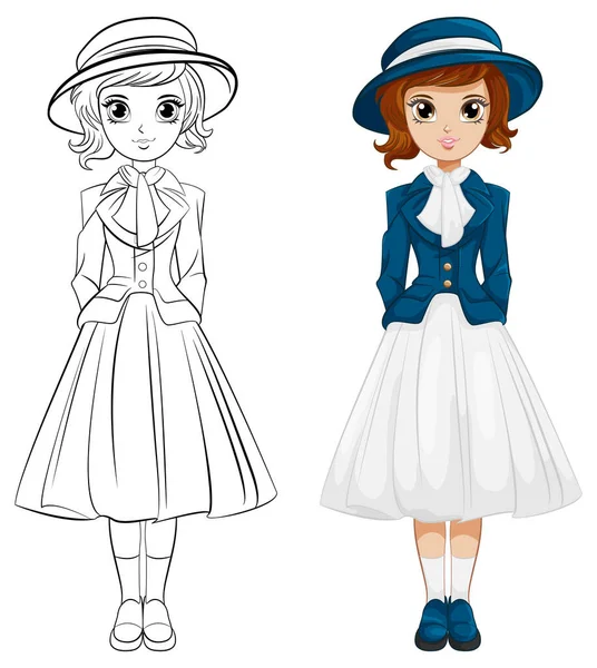 stock vector A beautiful woman stands in a classic Victorian outfit, wearing a hat