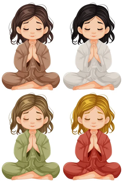 Cuatro Chicas Están Sentadas Ropa Diferentes Colores Rezando Meditación — Archivo Imágenes Vectoriales