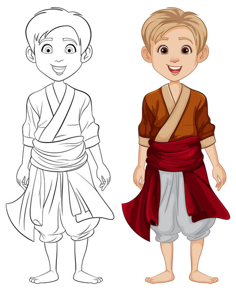 Illustration of a Caucasian man wearing a traditional outfit from Southeast Asia in a cartoon style