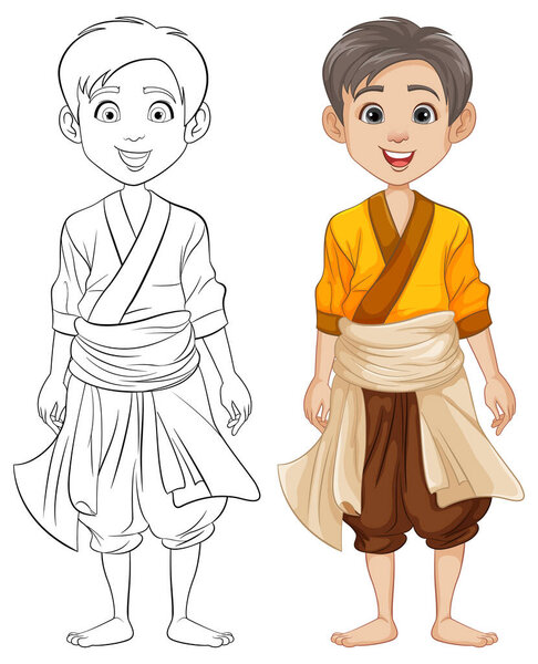 Colorful cartoon characters depicting Southeast Asian men in traditional attire