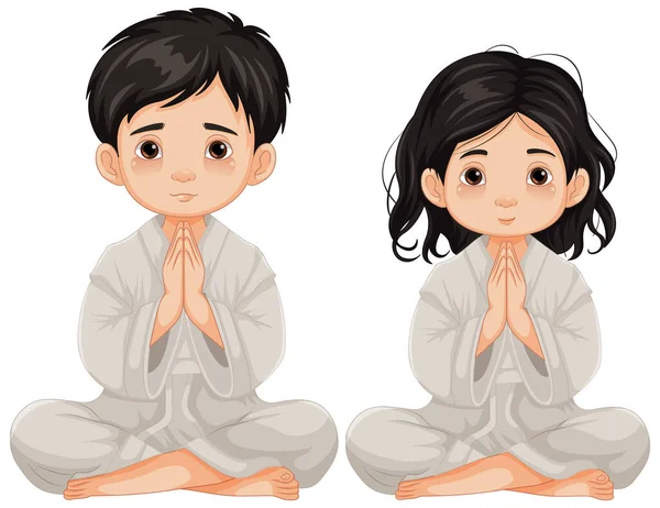 一个男孩和女孩坐在那里祈祷的卡通画 — 图库矢量图片