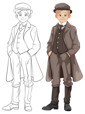 Şık bir çizgi film karakteri eski bir tüvit takım elbise ve şapka giyiyor.