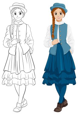 Klasik bir kıyafet giyen güzel bir kadın bu vektör karikatür çiziminde yer alıyor.