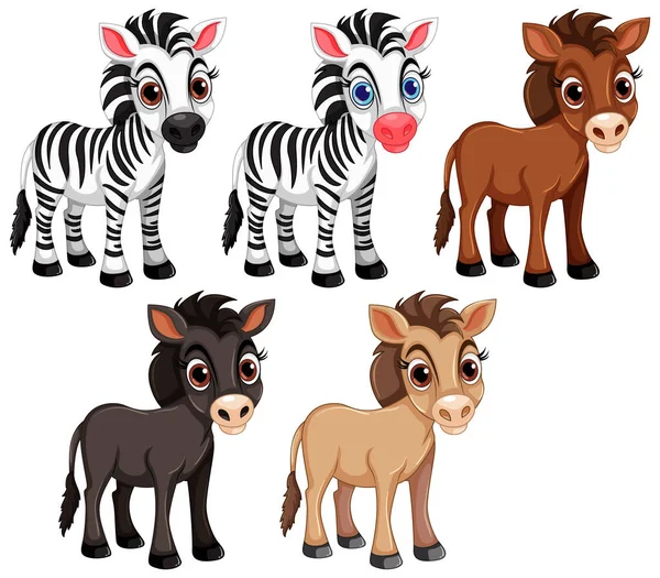 Zestaw Ładny Zebra Koń Ilustracji — Wektor stockowy