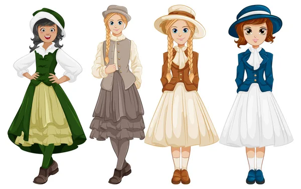 说明不同群体的女孩和妇女戴着老式传统礼帽的情况 — 图库矢量图片
