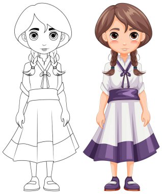 Geleneksel Asya elbisesi giyen hoş bir kadının karikatür çizimi.