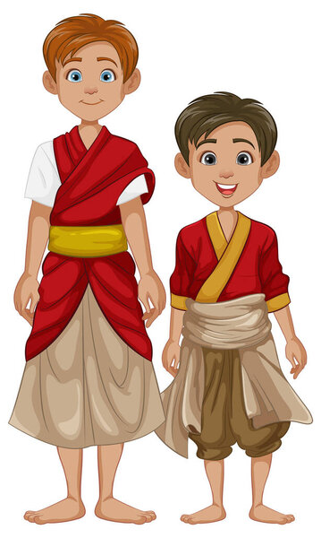 Colorful cartoon characters of Thai and Cambodian brothers in traditional attire