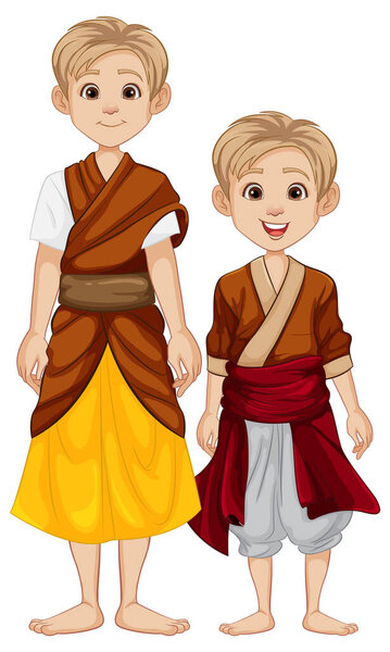 Colorful cartoon illustration of Southeast Asian men in traditional clothing