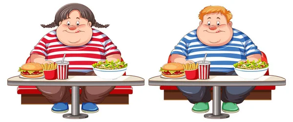 一组吃快餐的大大小不等男女插图 — 图库矢量图片