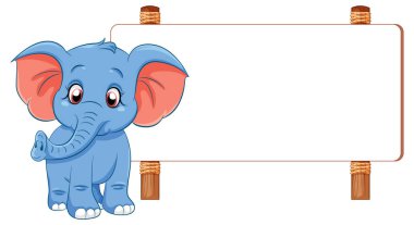 Pankart önünde gururla poz veren neşeli bir fil karikatürü.