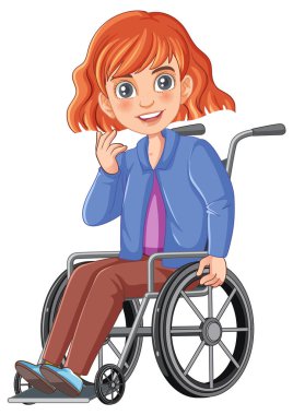 Canlı bir çizgi film karakteri, tekerlekli sandalyede oturan kızıl saçlı bir kadın.