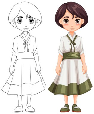 Geleneksel Asya elbisesi giyen hoş bir kadının karikatür çizimi.