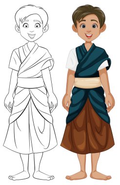 Güneydoğu Asyalı erkekleri geleneksel kıyafetleriyle tasvir eden renkli çizgi film karakterleri