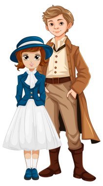Vintage Viktorya dönemi kıyafetleri giymiş bir çiftin parti için hazırladığı vektör çizimi.