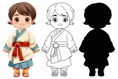 Geleneksel elbise giyen Asyalı bir kızın vektör çizimi.