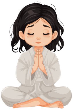 Genç bir kızın meditasyonda oturup dua edişinin vektör çizimi.