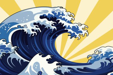 Canlı bir vektör karikatür çizimi. Japon stili büyük bir dalganın retro karikatür arka planına karşı duruşu.
