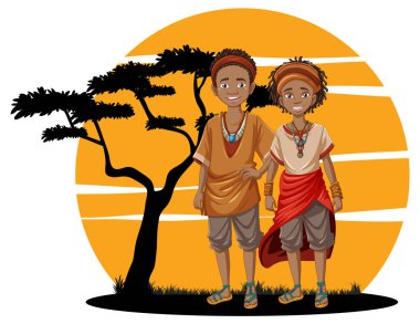 Geleneksel elbiseli Afrikalı bir çiftin, savananın arka planında durduğu vektör karikatür çizimi