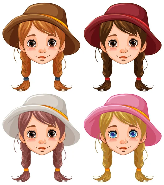 Örgü Şapkalı Dört Kadın Mutlu Bir Şekilde Gülümsüyor Yüzleri Neşe — Stok Vektör