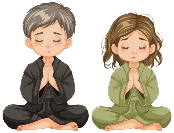 Cartone Animato Illustrazione Ragazzo Una Ragazza Seduti Meditare Con Gli — Vettoriale Stock