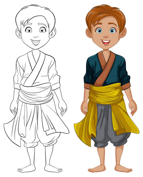 Illustration of Thai and Cambodian men in traditional attire