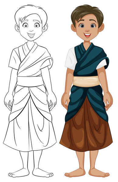 Colorful cartoon characters depicting Southeast Asian men in traditional attire