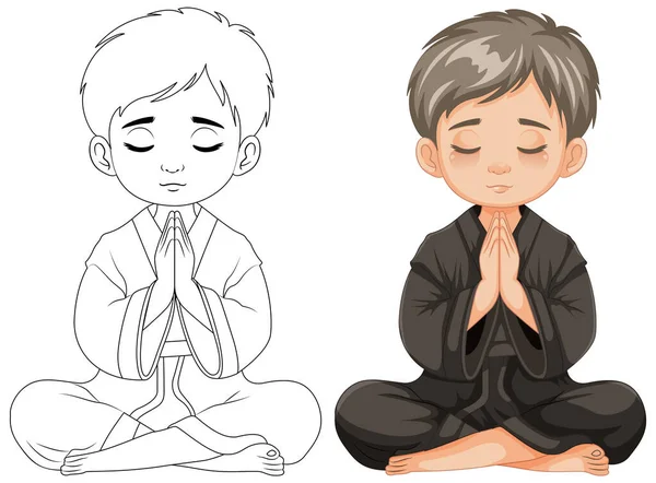 一幅卡通画 描绘一个小男孩坐在那里 闭上眼睛祈祷 沉思着 — 图库矢量图片