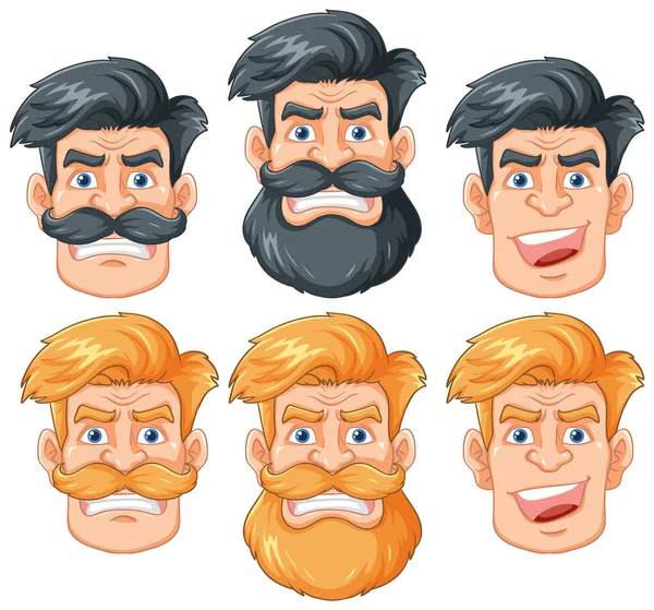 Vector Cartoon Illustration Group Hipster Men Different Facial Expressions — Stock Vector