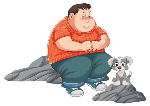 太りすぎの男はかわいい犬によって取り戻されます — ストックベクタ