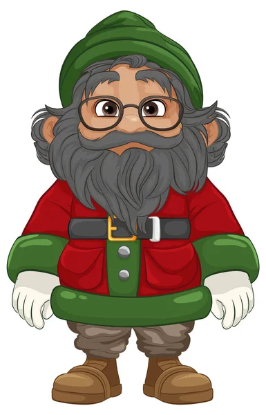 メガネを着てクリスマスの服を着た高齢者の漫画のキャラクターは 国の設定で一人で立っています — ストックベクタ