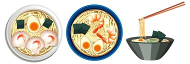 Canlı bir vektör illüstrasyonunda Asya Japon lezzetlerinden oluşan ağız sulandırıcı bir karışım.