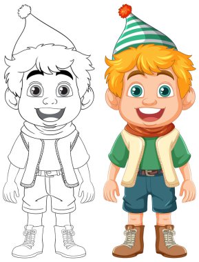 Parti şapkası takan ve gülümseyen neşeli bir çizgi film çocuğu.