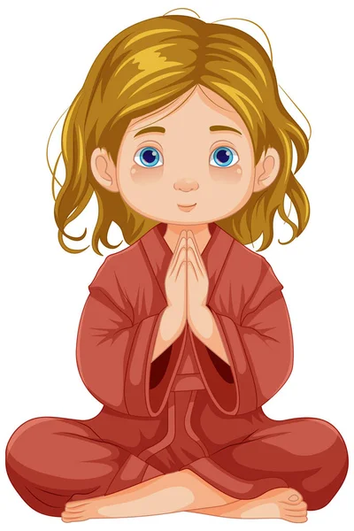 Vector Cartoon Illustration Young Girl Sitting Praying Meditation — Stock Vector