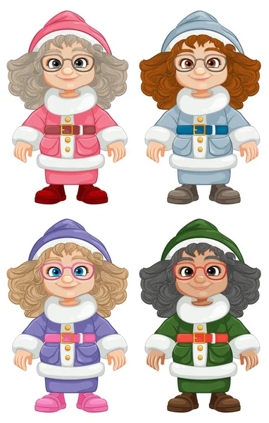 Eine Reihe Fröhlicher Weiblicher Charaktere Weihnachtsmann Outfit — Stockvektor