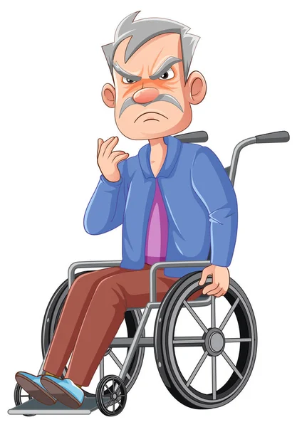 Angry Elderly Man Sitting Wheelchair Cartoon Style Illustration — Stock Vector