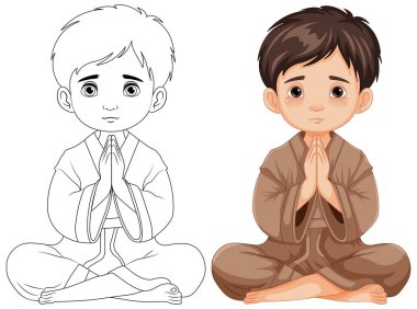 Genç bir çocuğun meditasyonda oturup dua edişinin karikatür çizimi.