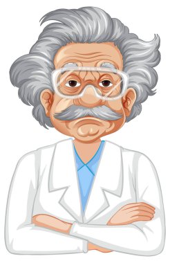 Ünlü teorik fizikçi Albert Einstein 'ın bilim adamı önlüğü ve gözlüğü giymiş bir vektör çizimi.