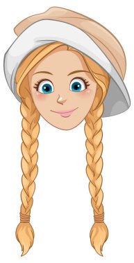 Tarz sahibi beyaz bir kadın örgülü saç stiliyle vektör çiziminde şapka takıyor.