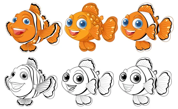 Set Adorable Clownfish Goldfish Cartoon Characters Outlines Silhouettes — Stock Vector