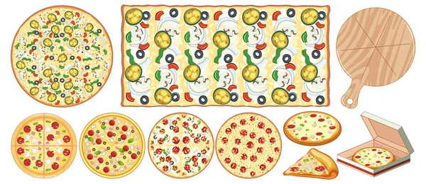 Bir Dizi Talyan Pizzasının Renkli Çizgi Film Stili Vektör Çizimi — Stok Vektör